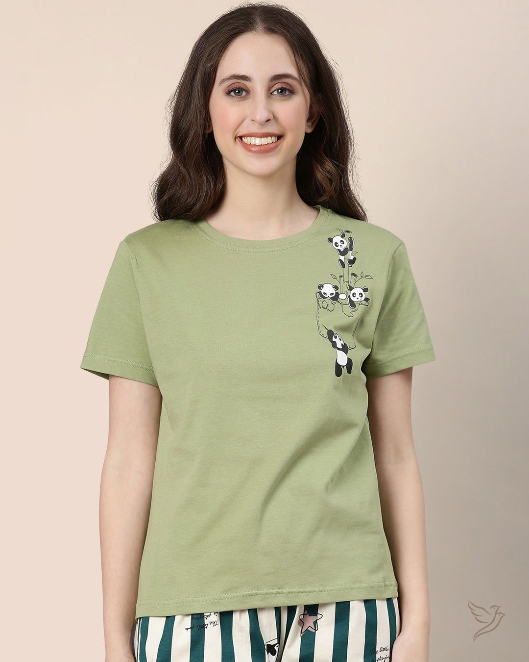 Panda Printed Relaxed Fit Tee - Sage-XS / Sage
