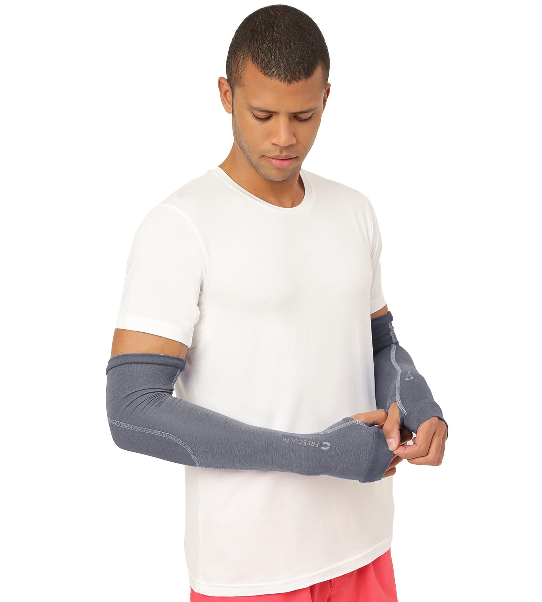 FREECULTR Unisex Breatheable Bamboo Cotton Antibacterial Arm Sleeves with in Built Glove (Charcoal Pack 1)