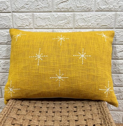 Indihomecraft Handicraft Cotton Cushion Cover - Hand Stitched Embroidery Decorative Art Boho Pillow Star Shape Yellow Hand Made Pillow Cover | Square Shape 14X20 Inches Cushion Cover