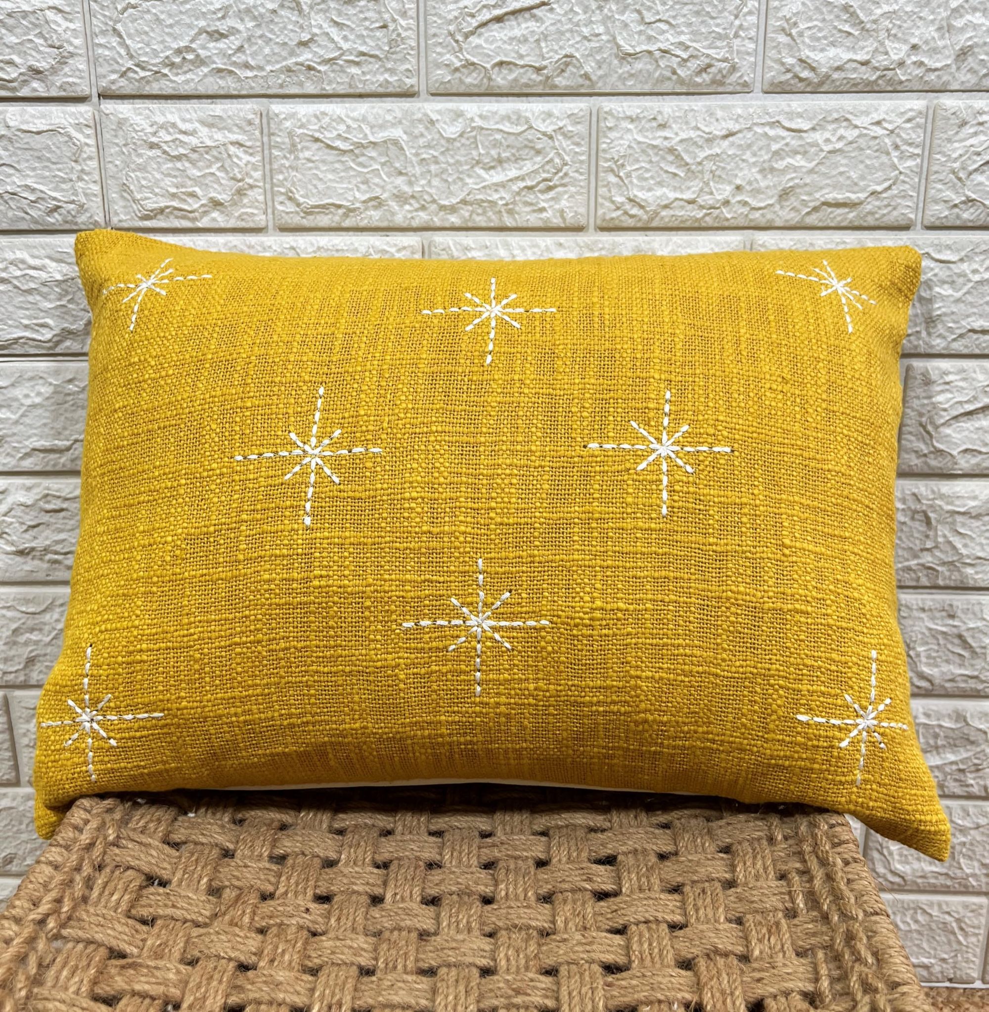Indihomecraft Handicraft Cotton Cushion Cover - Hand Stitched Embroidery Decorative Art Boho Pillow Star Shape Yellow Hand Made Pillow Cover | Square Shape 14X20 Inches Cushion Cover