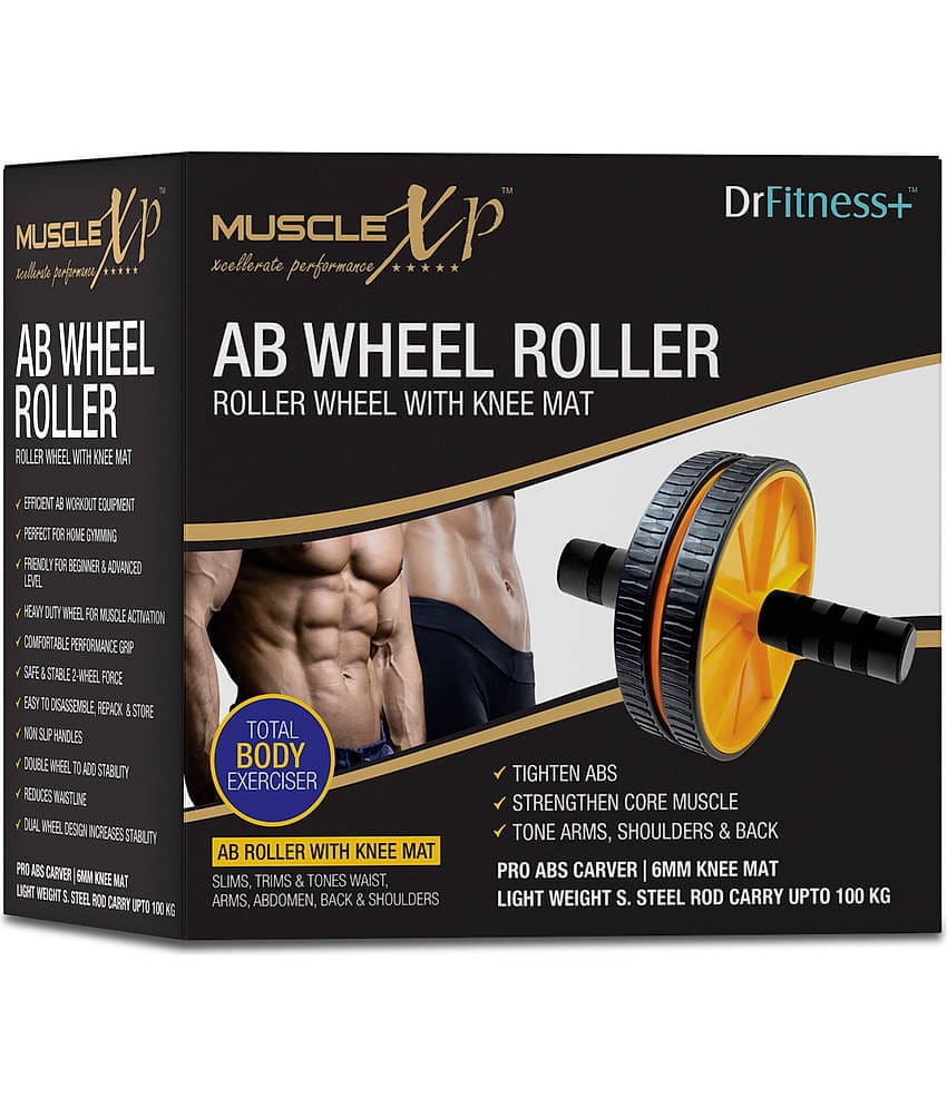 MuscleXP DrFitness+ AB Wheel Roller With Knee Mat, Stainleess Steel Rod, 6mm Knee Mat, To Tighten Abs, Strengthen Core Muscles, Tone Arms, Shoulder, Back (Black / Yellow)