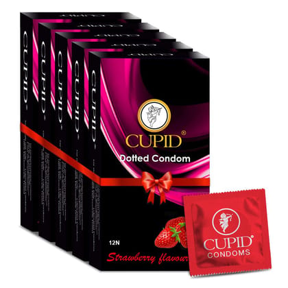 Cupid Dotted & Flavoured Condoms Strawberry Flavour (Pack of 5) | Lubricated & Multitextured Condoms | For Her Enhanced Pleasure | Pack of 5, 12 Pcs Each