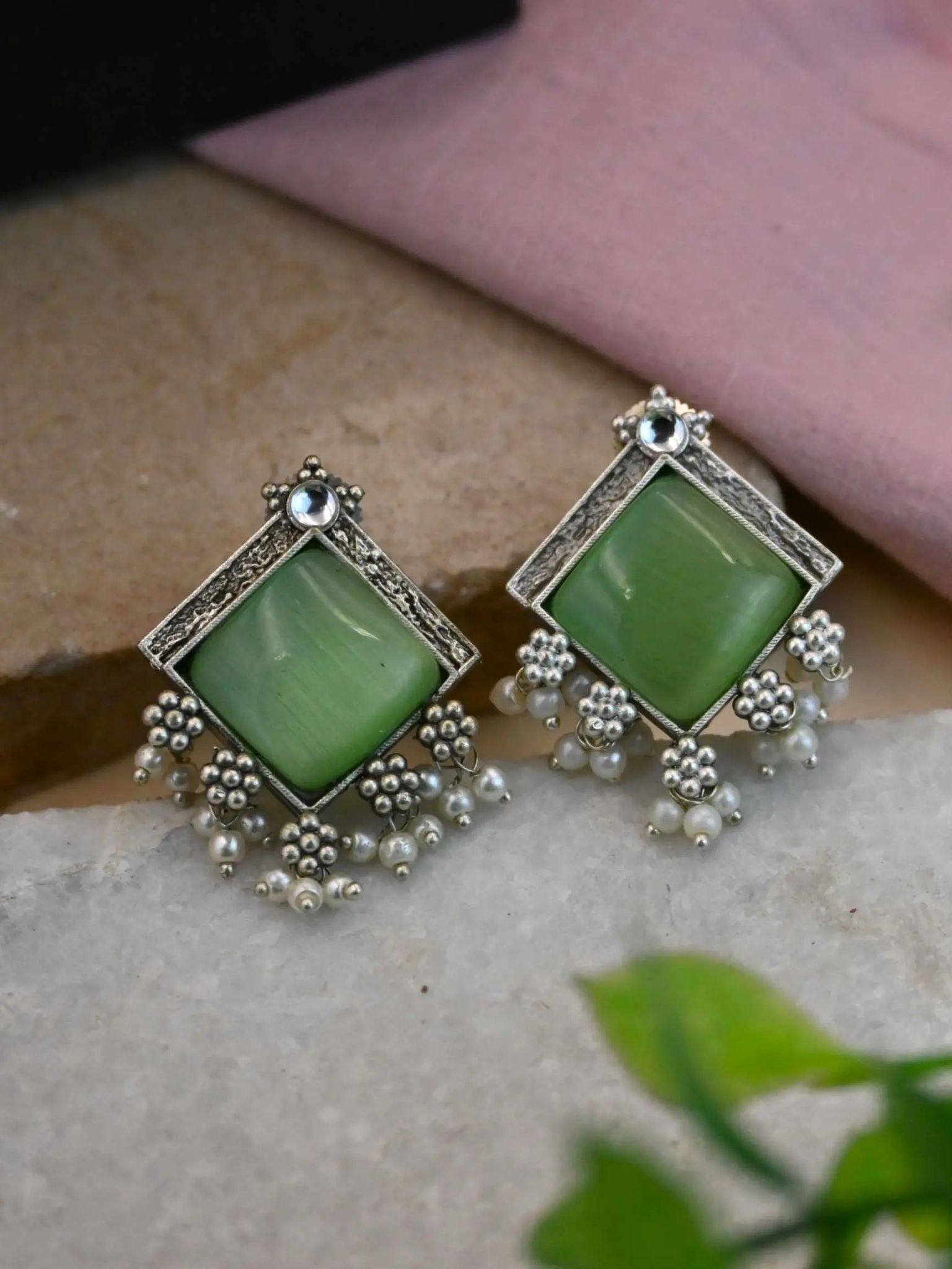 Silver-Plated Square Monalisa Pearl Stud Earrings – Casual Elegance | Sarichka-Mint Green