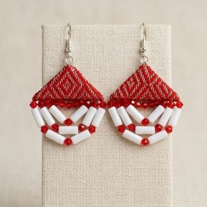 Handcrafted Northeast Tribal Triangular Woven Dangle Earrings with Beaded Chevron Drops