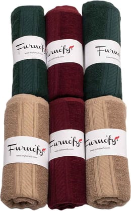 Furnofy Cotton 450 GSM Hand Towel Set Olive Green, Beige, Merun (Pack Of 6)