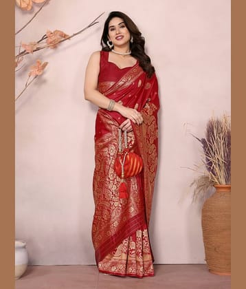 BLEESBURY Banarasi Silk Woven Saree With Unstitched Blouse Piece ( Pink )