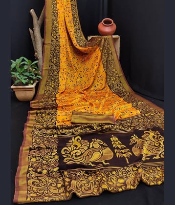 Kanooda Prints Brasso Printed Saree With Unstitched Blouse Piece ( Multicolor )