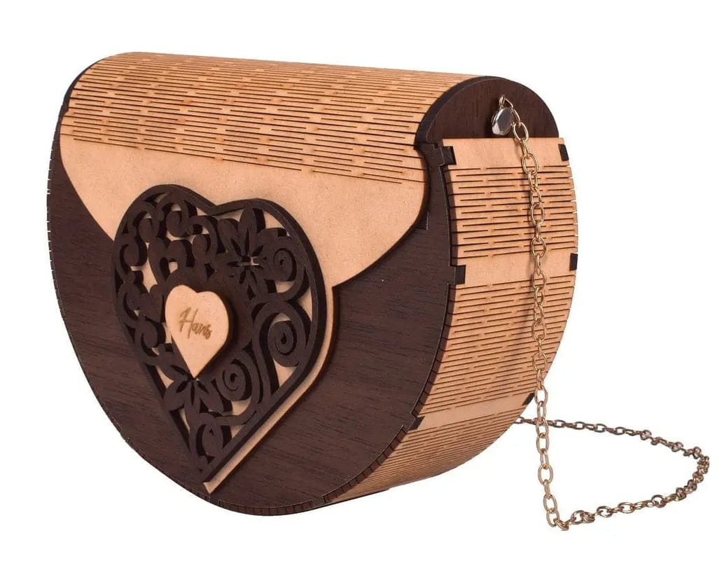 Handcrafted Wooden Heart Engraved Handbag with Gold Chain Strap - Stylish Eco-Friendly Crossbody Bag for Perfect Rakhi Festival Gift for sister