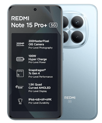 REDMI Note 15 Pro+ 5G (Mirage Blue, 12GB+256GB) | 200MasterPixel OIS Camera | Snapdragon 7s Gen 4 | 17.3cm CrystalRes AMOLED Screen | IP66/68/69/69K | Mega 6500mAh Si/C Battery | 100W Hyper Charging