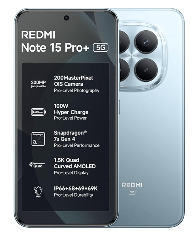 REDMI Note 15 Pro+ 5G (Mirage Blue, 12GB+256GB) | 200MasterPixel OIS Camera | Snapdragon 7s Gen 4 | 17.3cm CrystalRes AMOLED Screen | IP66/68/69/69K | Mega 6500mAh Si/C Battery | 100W Hyper Charging