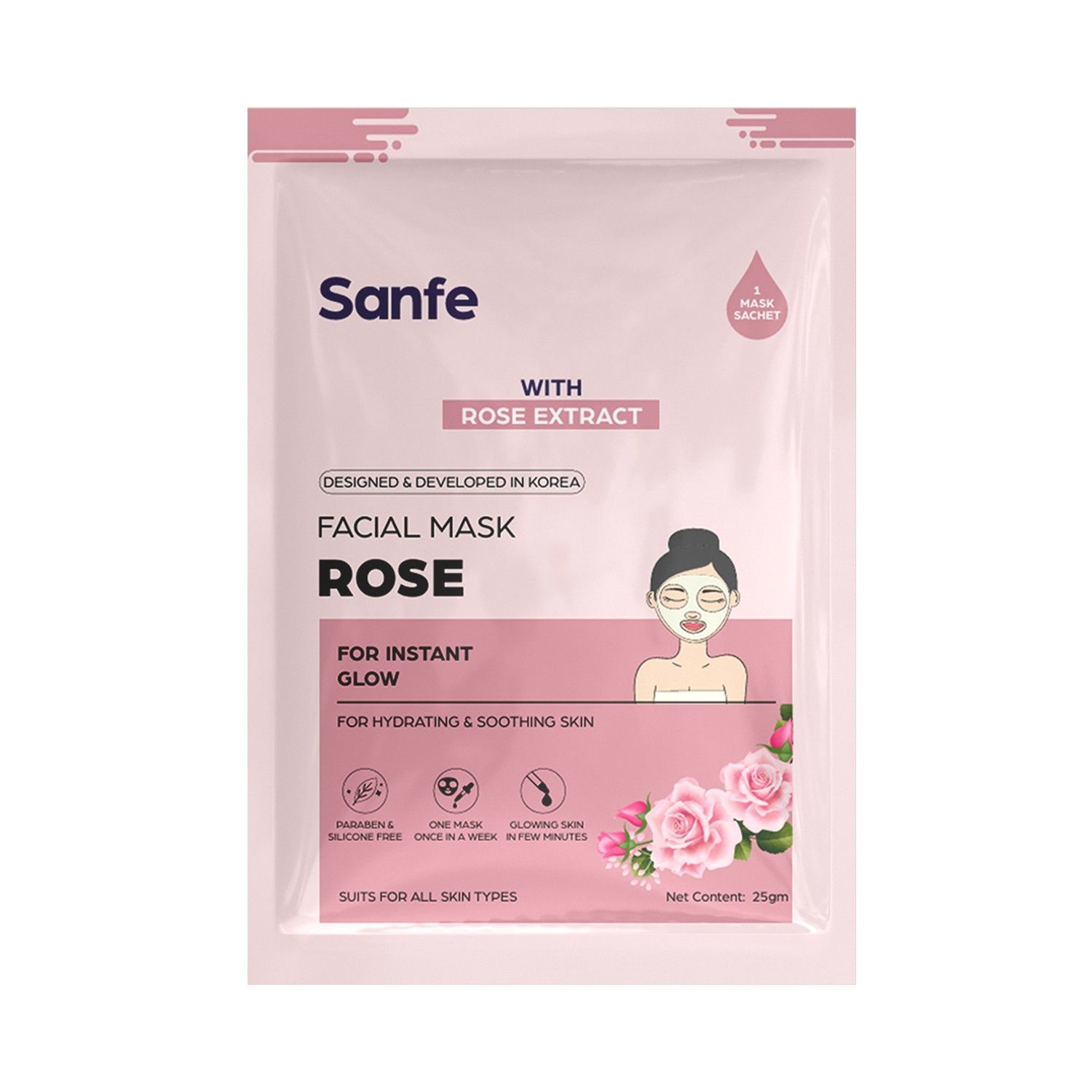 Sanfe Rose Face Sheet Mask, Pack of 1, 25 gm, Instant Glow & Hydration
