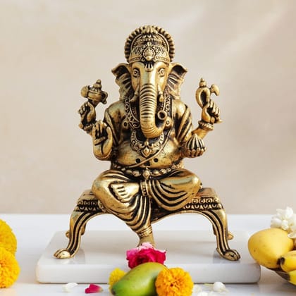 Brass Showpiece Ganesh On Chowki God Idol Statue, Made From Machine (BSMAS1699 G)