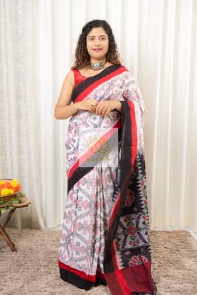 Odisha Ikkat Khandua Cotton Saree- White
