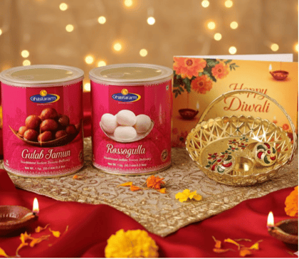 Ghasitaram's Diwali Gift Hamper with Rossogulla + Gulab Jamun With Card + Pujathali