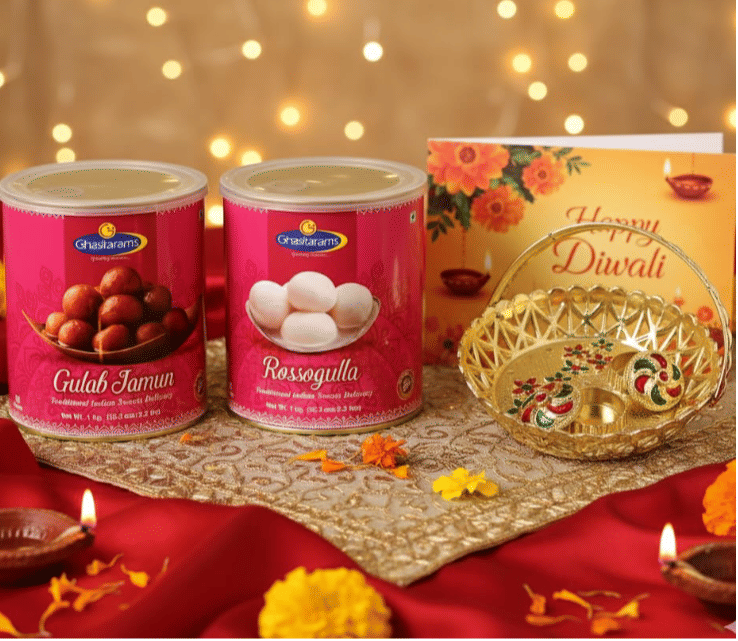 Ghasitaram's Diwali Gift Hamper with Rossogulla + Gulab Jamun With Card + Pujathali