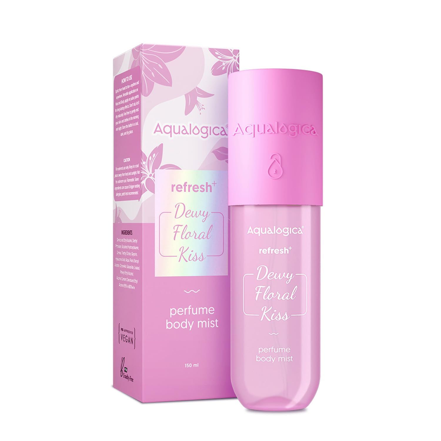 Aqualogica Refresh+ Dewy Floral Kiss Perfume Body Mist with Zemea & Hyaluronic Acid | Long- Lasting Fragrance | Fresh Floral Fragrance | Double Duty Mist for Hair & Body | Non-Irritating & Hydrating | 150 ml Aqualogica Refresh+ Dewy Floral Kiss Perfume B