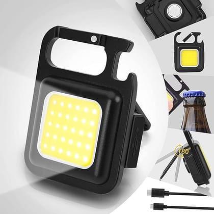AABHA Multifunction Keychain Led Light with Bottle Opener, Magnetic Base and Folding Bracket Mini Cob 500 lumens Rechargeable Multifunctional Keychain Emergency Light Keychain (Square, Metal)