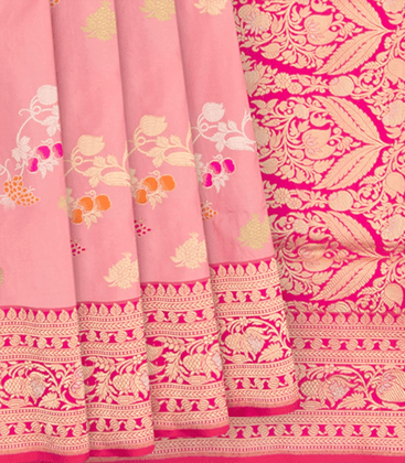 Bubble Gum Pink Handwoven Benares Silk Saree With Floral Motifs-Bubblegum Pink