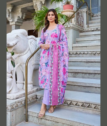 VIBE VISION Cotton Blend Printed Kurti With Pants Women's Stitched Salwar Suit - Purple ( Pack of 1 )