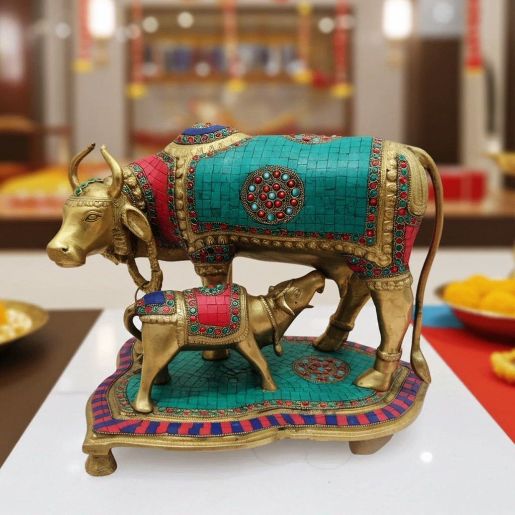 Handcrafted Big Brass Gaye Bachadha Murti with Stone Work - Auspicious Cow Calf Showpiece, Height : 13.5 Inch(BSMAS146)