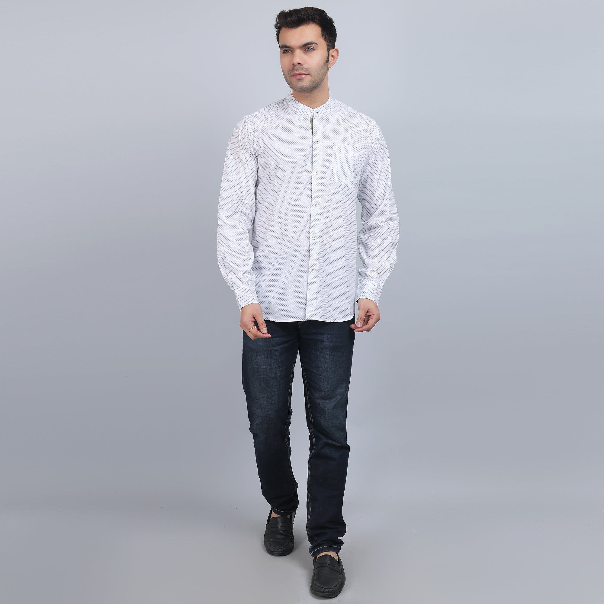White Cotton printed band collar full sleeves shirt-XS