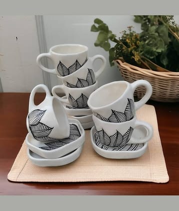 Malaikah Blk Leaf Cup&Saucer Pk 6 Printed Ceramic Tea Set 250 ml ( Pack of 6 )