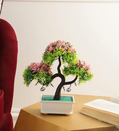 FOLIYAJ Artificial Bonsai Tree with Green and Pink Leaves with Pot |Bonsai Tree|Artificial Flower|with Pot|Home D�cor for Living Room Home Office Shop|House|Gift|Decoration