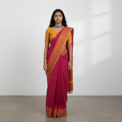 Handwoven Magenta Cotton Kanchipuram Saree with Golden Woven Border Handwoven Magenta Cotton Kanchipuram Saree with Golden Woven Border