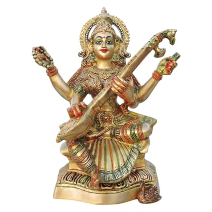 Brass Saraswati Ji Statue - Premium Home Temple Showpiece, Height : 17.5 Inch (BSMAS944 E)
