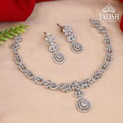 Elegant Silver-Plated Necklace Set with Intricate Floral Design and Sparkling American Diamond Stones