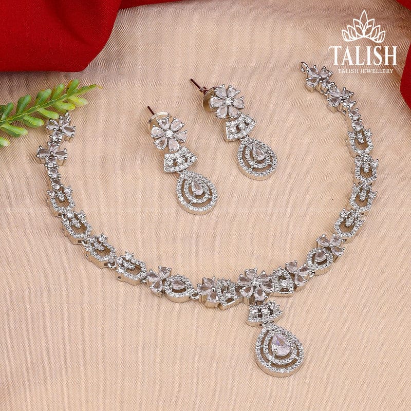 Elegant Silver-Plated Necklace Set with Intricate Floral Design and Sparkling American Diamond Stones