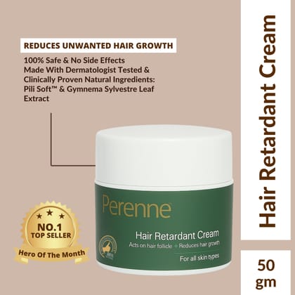 Perenne Hair Retardant Cream | Reduces Unwanted Face Hair Growth | Dermatologist-Tested & Clinically Proven Formula | Natural & Paraben-Free | Safe for Face & Body | For Women & Men-Pack Of 1 (50 gm)