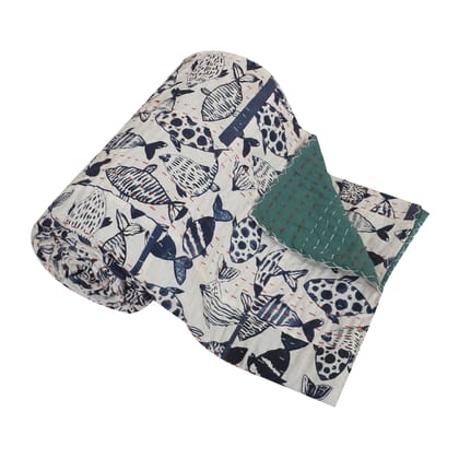 Aquatic Kantha Bedcover White-90 x 100 inches