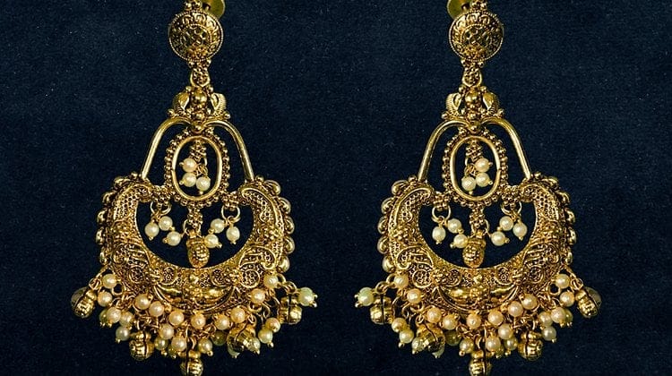 Bilasita Traditional Gold-Plated Chandbali Earrings | Intricate Filigree & Pearl Accents | Ethnic Wedding Wear