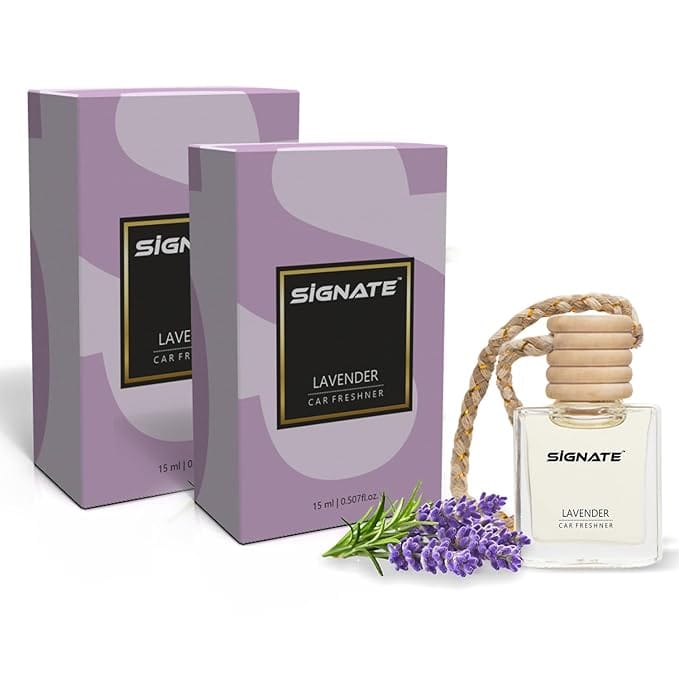 Signate Car Perfume with Natural Fragrance Essential Oils | Car Air Fresheners Long Lasting Upto 90 Days | Hanging Pod in Glass Bottle with Wooden Diffuser Lid  15ML (Aqua De Lavender) (Pack of 2)