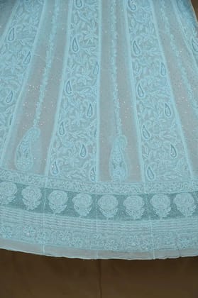 Viscose Anarkali - Semi Stitched - Pearl Work - Cyan Blue-Cyan Blue / Viscose / Pearl Work
