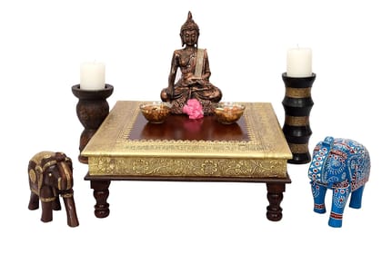 PREET GALLERY Handcrafted Wooden Pooja Chowki with Brass Embossed Work - Traditional Low Altar Table for Home Temple, Meditation & Decor