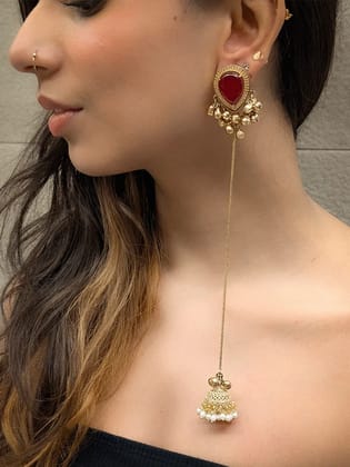 Tear drop shaped stone with zircon outline ghunghru hanging earring with jhoomki attached to long chain-Ruby