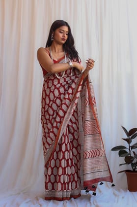 Aaghaaz : Madder Red Bagru Handblock Chanderi Saree
