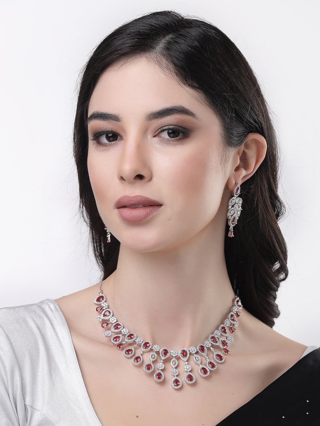 NVR women silver plated & Maroon CZ stone handcrafted jewellery set-Onesize / Silver / Brass