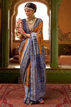 Orange Printed Silk Saree
