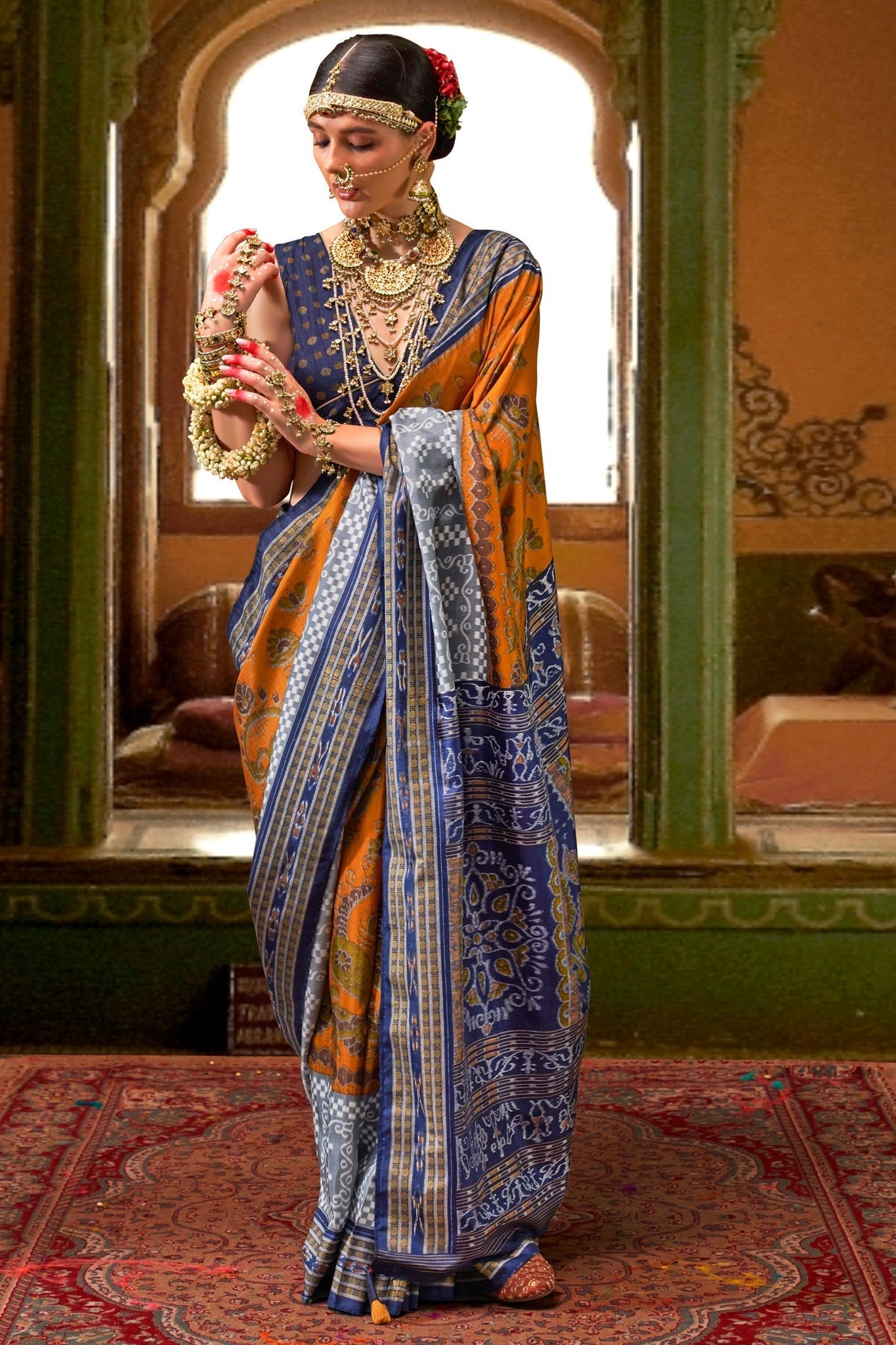 Orange Printed Silk Saree
