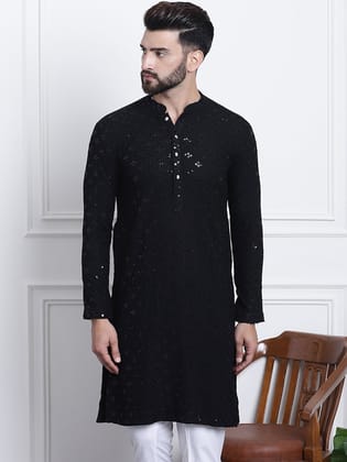 Men's Pure Cotton Black Embroidered 4Booti Sequence Kurta-36