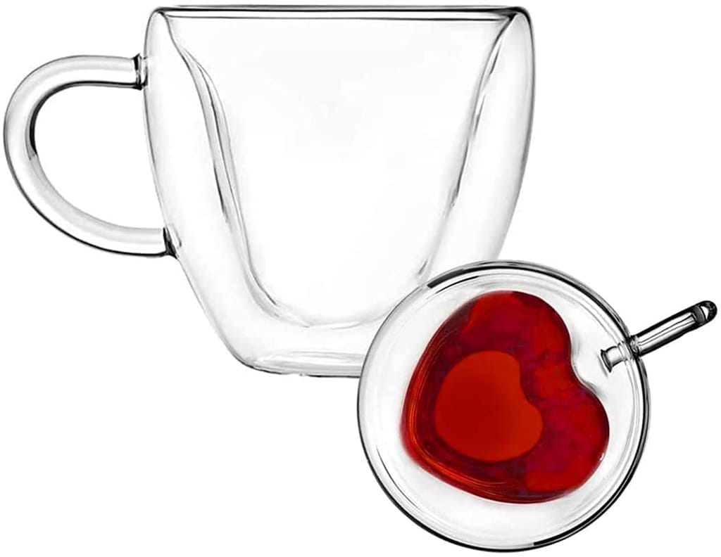 Heart Shaped Transparent Double Walled Insulated Glass Coffee Mugs or Tea Cups with Unique Handle (410 Ml)