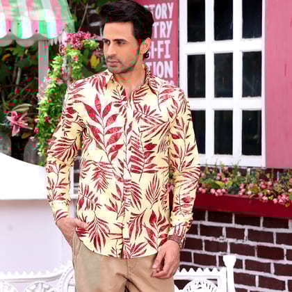 Ruby Red tropical Palm Crayola Lemon Casual Pure Linen Full Shirt (Size - S) by BLUE EAGLE