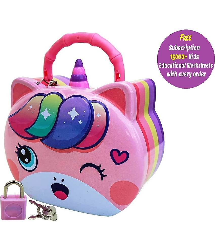 Unicorn Themed metal  Piggy Bank , Coin Bank with Lock  for Kids (Free subscription of kids Educational worksheets)