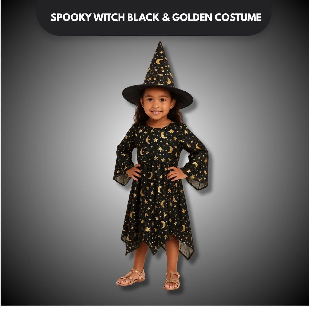 Spooky Witch Black & Golden Costume w/Hat for Kids - Party and Festive Needs | Buy online on ZillyBuy