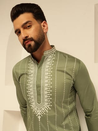 Men's Cotton Silk Green Long Kurta with Elegant Neck Embroidery-36