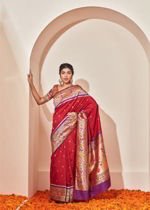 Morbagh : Paithani Saree In The Shades Of Red And Golden Festive Border