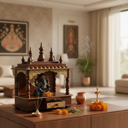 Handicraft Brass Embossed Wall-Temple, Wooden Natural-Brown Desk-Temple, Home-Decors Hindu Pooja-Mandir